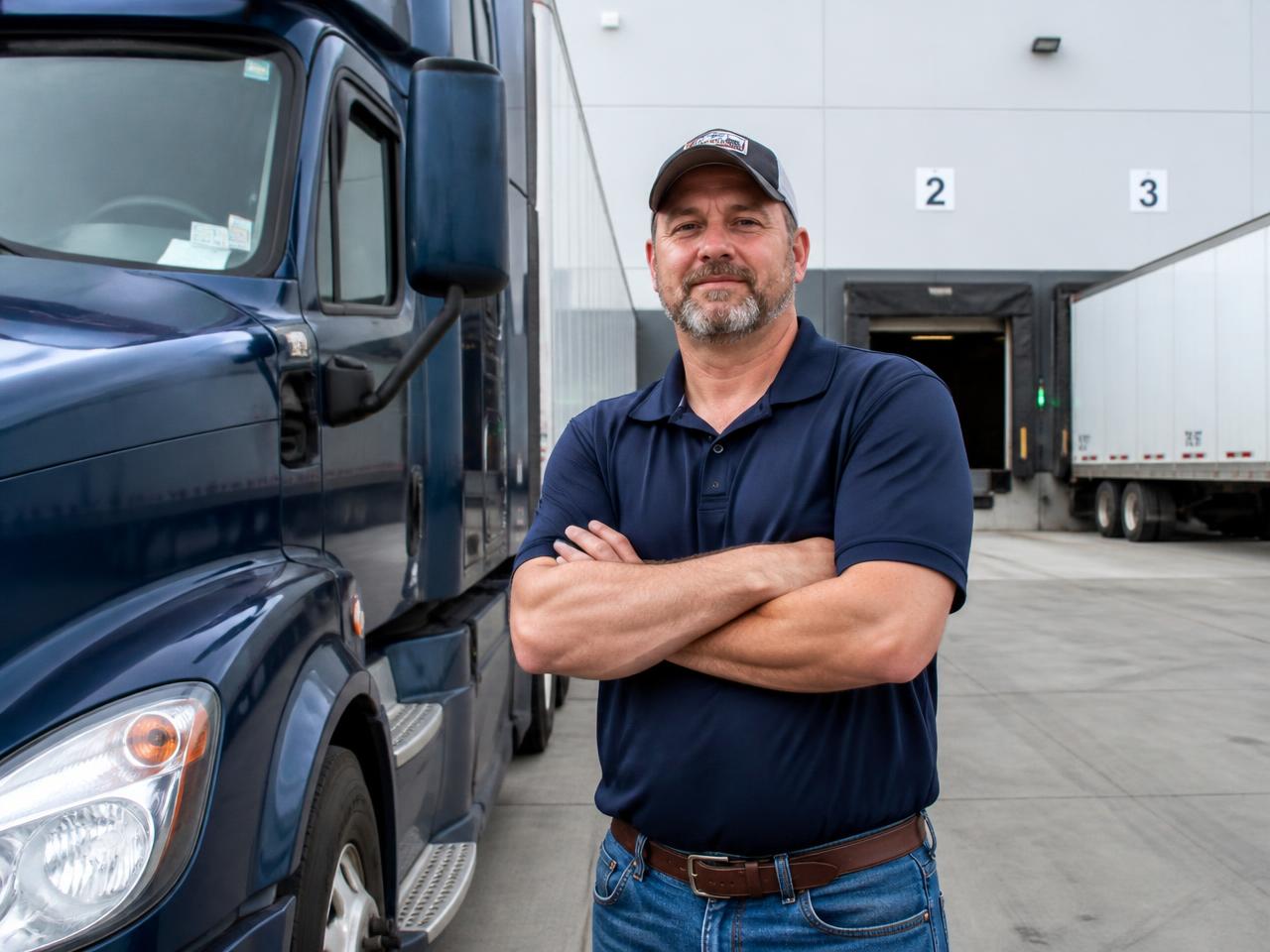 Professional truck driver for Akbar Star Express LLC standing beside his tractor at a warehouse loading dock