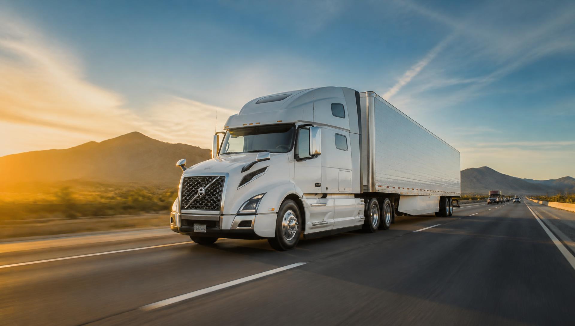 Semi-truck with a dry van trailer hauling general freight on a U.S. interstate highway