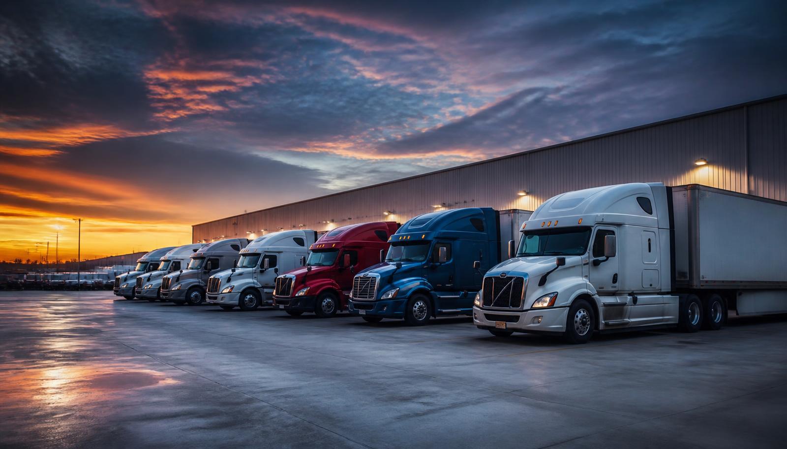 Fleet of semi-trucks parked at a freight terminal at dusk
